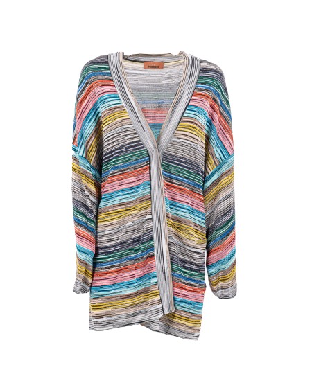 Shop MISSONI  Cardigan: Missoni cardigan fantasia multicolor.
Maniche larghe.
2 tasche laterali.
Glitter.
Fantasia a righe.
Composizione: 90% Viscosa, 10% fibra metalizzata.
Made in Italy.. DS24WM09 BK038M-SM9EW